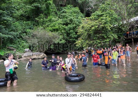 VANG VIENG, LAOS JULY 7 , 2015 : Tham Nam (Water Cave) for cave tubing on july 7 , 2015, in Vang Vieng, Laos. Vang Vieng is a tourism-oriented town in Laos, lies on the Nam Song river