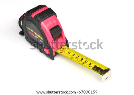 Pink steel tape measure on white background