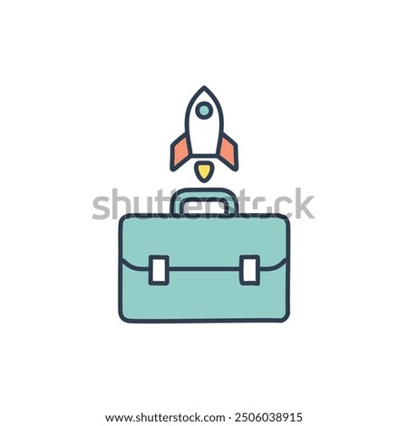 Business growth and launch icon. Colorful icon of a briefcase with a rocket launching from the top, representing business growth and expansion.