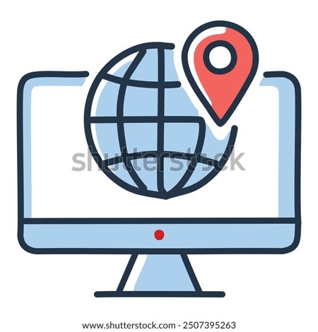 Global location pin on computer monitor. Illustration of a computer monitor with a globe and a location pin on the screen, representing global reach or online presence.