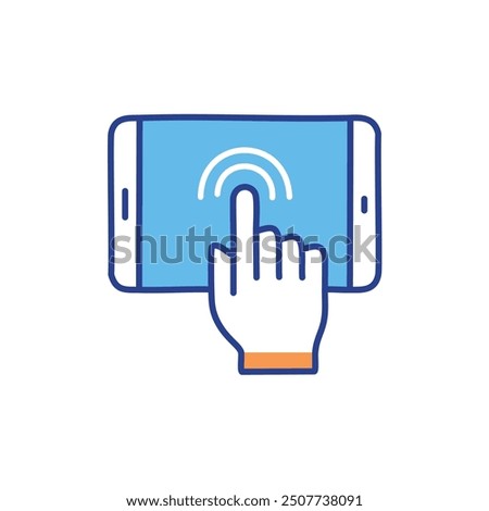 Hand tapping phone screen. Colorful illustration of a hand tapping on a smartphone screen, representing touch interaction and digital engagement.