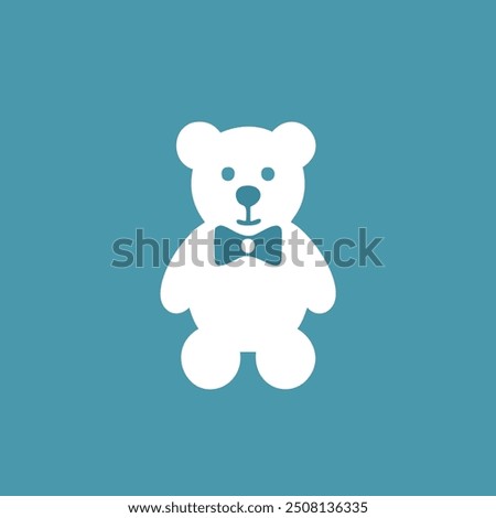 Cute bear with bowtie icon. Simple white teddy bear wearing a bowtie on a blue background. Perfect for a children's book or toy illustration.