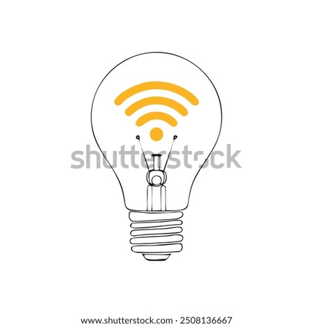 Lightbulb with wifi symbol. Hand drawn illustration of a lightbulb with a wifi symbol inside. Conceptual image for ideas, innovation, and wireless technology.