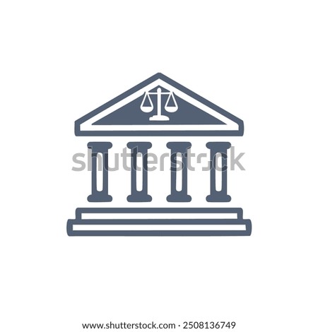 Justice building icon. Simple, modern design of a building with pillars and a scale of justice. Perfect for legal, law, and justice-related projects.