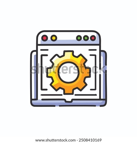 Web browser settings icon. Colorful vector illustration of a web browser window with a gear icon, representing browser settings or configuration.