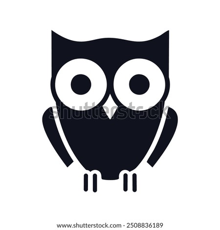 Wise owl silhouette icon. Black and white vector image of a wise owl with large, round eyes. The image represents knowledge, wisdom, and intelligence.