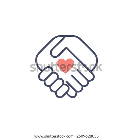 Handshake with heart symbol. Two hands clasped together, symbolizing unity, love, and support. A heart icon sits between the hands, representing the bond and shared affection.