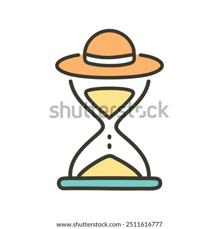 Time flies by in a sunhat. A colorful hourglass with a summer hat on top, symbolizing that time keeps moving forward, even during vacations and leisure time.