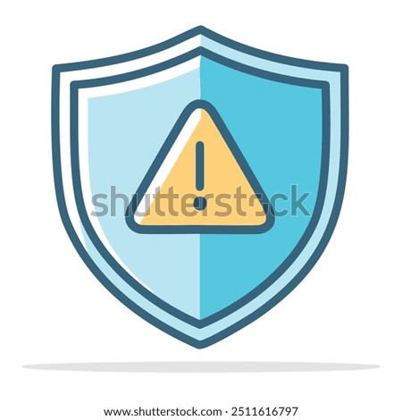 Shield icon with warning symbol. Illustration of a blue shield with a yellow triangle containing an exclamation mark.