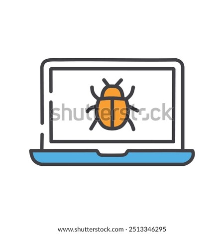 Laptop bug icon. Laptop computer screen with a bug, symbolizing digital threats, malware, or virus infection.