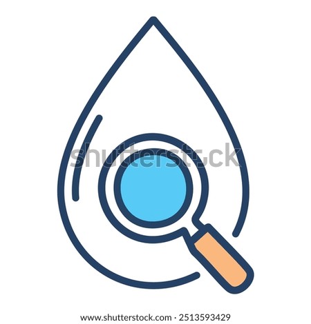 Water quality magnifier icon. Vector illustration of a water droplet with a magnifying glass, symbolizing water quality analysis or inspection.