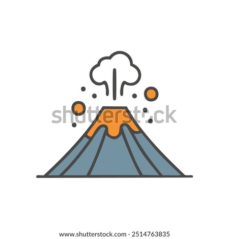 Volcano eruption icon. Colorful line art illustration of an erupting volcano with smoke and lava.