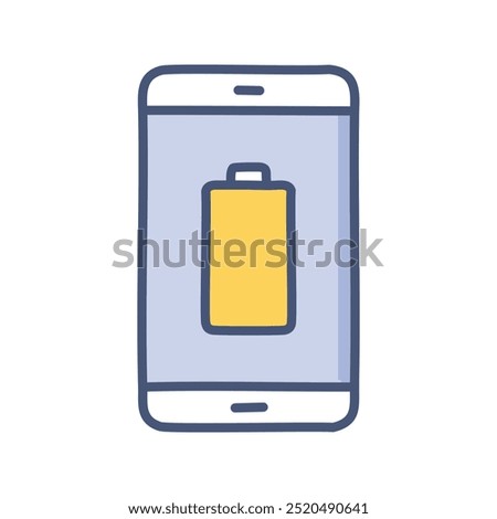 Phone battery icon. Hand drawn phone icon, displaying battery indicator. Represents low power level, need to charge.