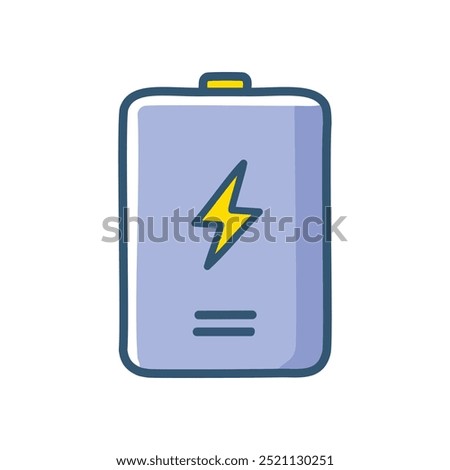 Full battery icon. Cartoon illustration of a fully charged battery, showing a lightning bolt icon and three bars, symbolizing full power.