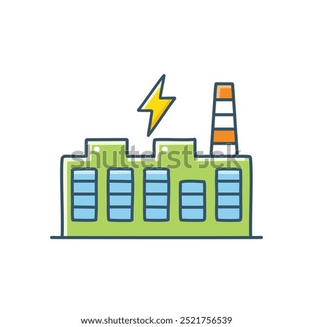 Power plant illustration. Cartoon illustration of a power plant with a lightning bolt, symbolizing energy production.