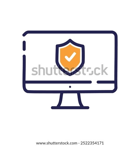 Secure computer icon. Computer monitor with a shield and checkmark, representing security and safety online.