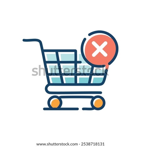 Cart cancellation icon. Shopping cart with a red X, symbolizing order rejection, failed transaction, or purchase cancellation.  Illustrates online shopping problems.