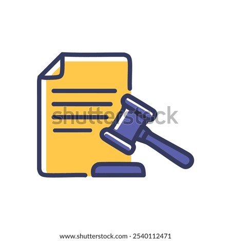 Legal document gavel icon. Justice symbol; contract finality, legal decision, law, verdict, agreement.