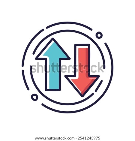 Up down arrows data transfer. Dual arrows symbolize data exchange, upload download,  representing a balanced flow or transfer.