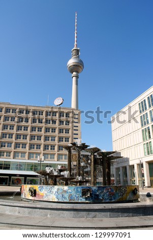 BERLIN, GERMANY - APRIL 19: Fountain of International Friendship in Alexanderplatz on April 19, 2009 in Berlin, Germany. In the background the famous Fernsehturm the television tower.