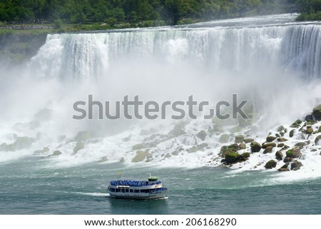 Niagara Falls, USA - August 2, 2008: American Falls at Niagara on the US - Canadian border. On the water a touristic boat called Maid of the Mist that takes tourists around the falls for amazing trips