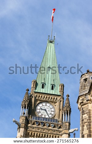 Detail of Tower of Victory and Peace from Parliament of Canada building on Parliament Hill in Ottawa, Ontario, Canada.