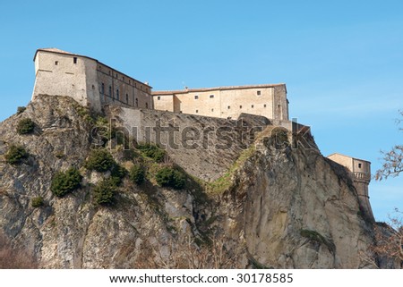 View of San Leo also known as Montefeltro and its fortress built upon a 583 metres high rocky mount. The origins of the fortress are about in the 6th century.