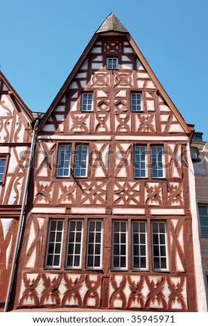 Half-timbered houses in Trier, the oldest city in Germany. This typical medieval houses were made of wooden frameworks (timbers) often infilled with wattle-and-daub, brick, or rubble.