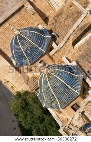 Aerial view of Valencia Cathedral dedicated to Virgin Mary. Built between 1252 and 1482 on the site of a mosque and previosly a roman temple dedicated to goddess Diana.