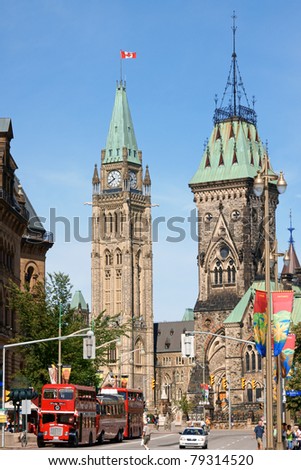 OTTAWA, CANADA - AUGUST 8: Parliament of Canada on Parliament Hill on August 8, 2008 in Ottawa, Canada. Parliament buildings were erected between 1859 and 1866 under request of Queen Victoria.