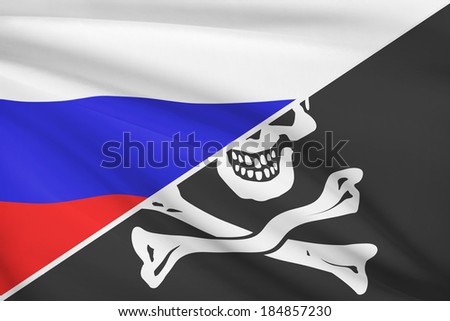 Flag of Russia and Jolly Roger flag blowing in the wind. Part of a series.