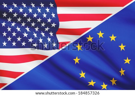 Flags of USA and European Union blowing in the wind. Part of a series.