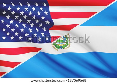 Flags of USA and Republic of El Salvador blowing in the wind. Part of a series.