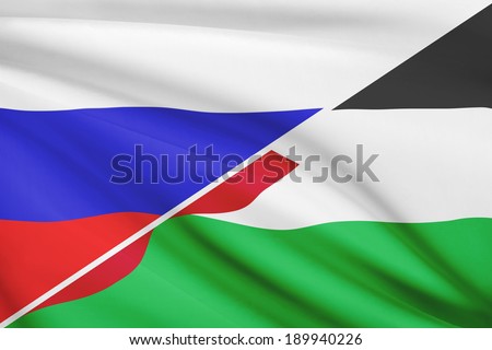 Flags of Russia and Hashemite Kingdom of Jordan blowing in the wind. Part of a series.