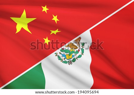 Flags of China and United Mexican States blowing in the wind. Part of a series.