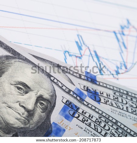 Stock market candle graph with 100 dollars banknote - 1 to 1 ratio