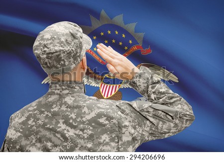 Soldier saluting to USA state flag conceptual series - North Dakota