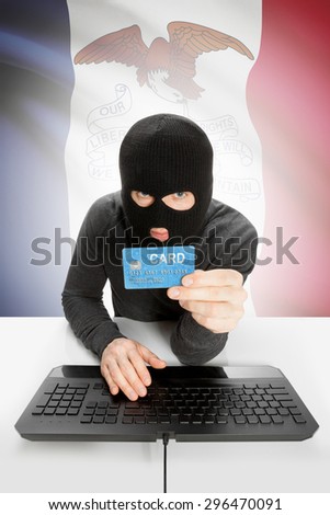Hacker in black mask with USA state flag on background - Iowa