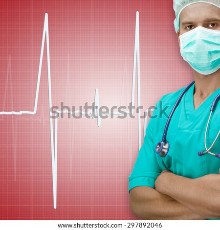 Dark skinned surgeon with ECG sign on dark red background