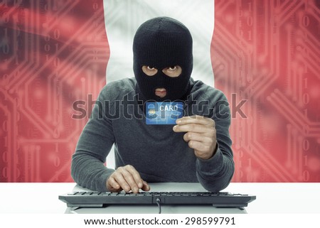 Dark-skinned hacker with credit card and flag on background - Peru