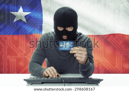 Dark-skinned hacker with credit card and flag on background - Chile