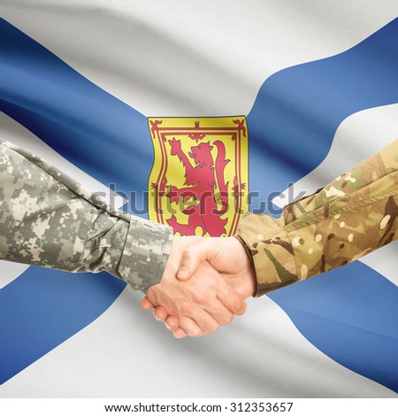 Soldiers handshake and Canadian province flag - Nova Scotia