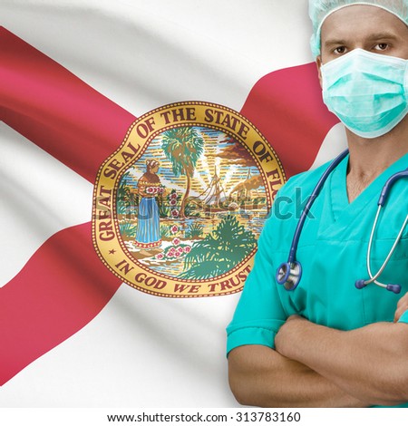 Surgeon with USA states flags on background - Florida