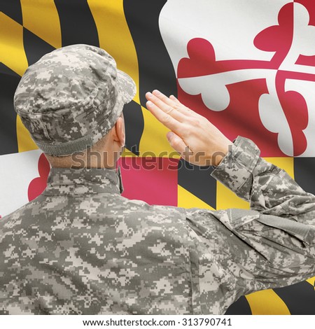 Soldier saluting to USA state flag conceptual series - Maryland