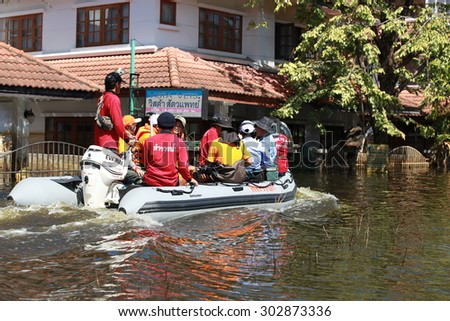 Bangkok,Thailand - October 2011 : rescue  boat , Huge flood disaster in Thailand