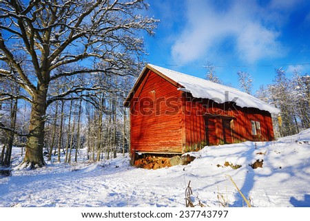 old rural barn, cottage, winter and snow scenery from Sweden