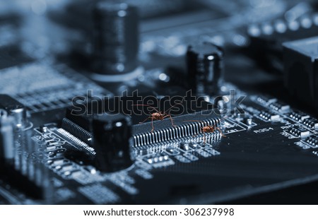 computer bugs, viruses jumping on circuit-board and microchips