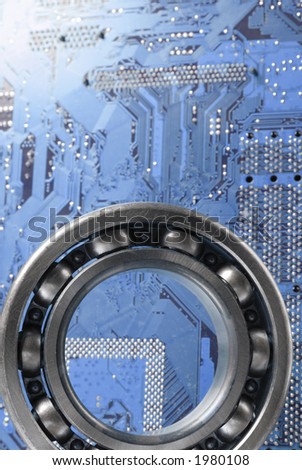 computerized ball-bearing against blue circuit-board, state-of-the-arts