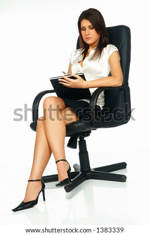 Sexy Business Women Talking Cell Phone Sitting On Office Chair Stock ...