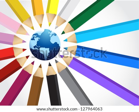 globe and Set of crayons illustration design on a white background